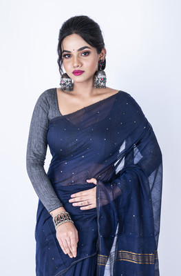 MorChari Embroidered Handloom Cotton Linen Saree(Blue)