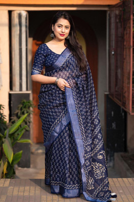 STAVA CREATION Printed Bollywood Linen Saree(Blue)