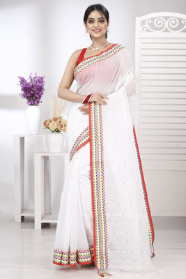 GitAsit Embroidered Handloom Cotton Blend Saree(White)