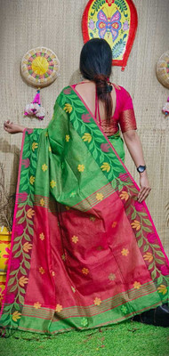 Shrutisareeghar Woven Handloom Tissue Saree(Dark Green)