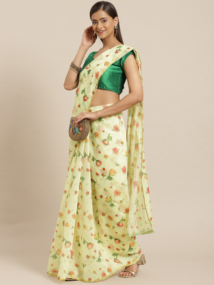 Divastri Floral Print Bollywood Organza Saree(Yellow)
