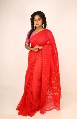 AMITA BUTIQUE Woven Jamdani Cotton Silk Saree(Red)
