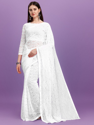 LOROFY Self Design Bollywood Net, Jacquard Saree(White)