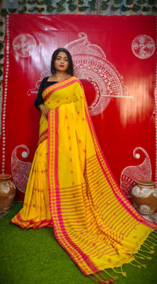 B & R CREATION Self Design, Temple Border Handloom Pure Cotton Saree(Yellow)
