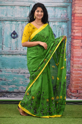 Kiaaron Hand Painted, Printed, Self Design, Blocked Printed Hand Batik Pure Cotton Saree(Green)