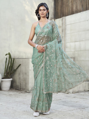 Tikhi Imli Embroidered Bollywood Net Saree(Green)
