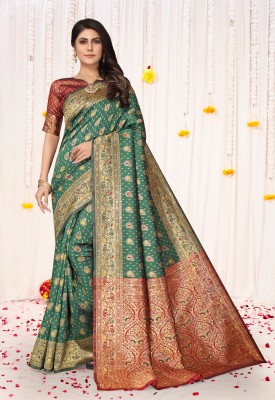 Perfect Wear Woven Patola Cotton Silk, Jacquard Saree(Green, Red)