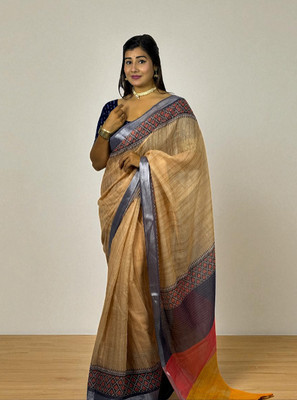 THEPRINTEMPIRE Printed Bollywood Cotton Linen Saree(Beige)