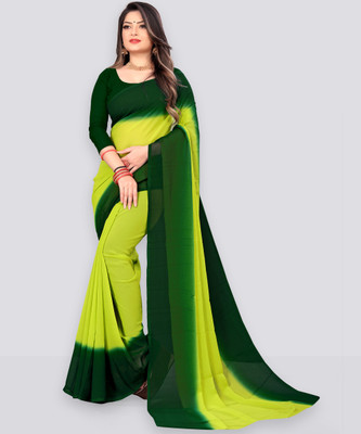 Anand Sarees Ombre, Striped, Solid/Plain Bollywood Georgette Saree(Dark Green, Light Green)