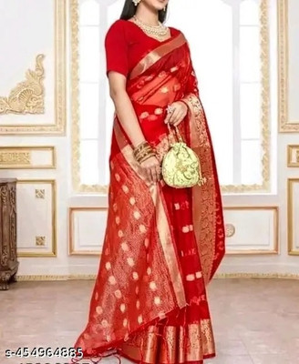 A K Traders Woven, Self Design, Embellished Banarasi Organza Saree(Red)