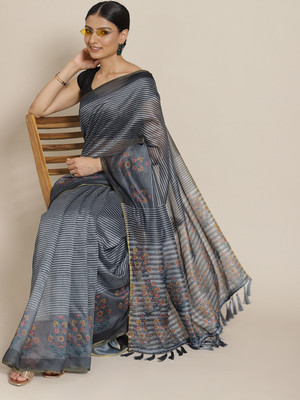 Divastri Striped Chanderi Pure Cotton Saree(Black)