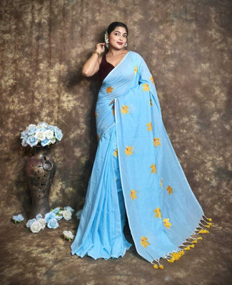S G SAREES Embroidered Handloom Handloom Cotton Blend Saree(Light Blue)