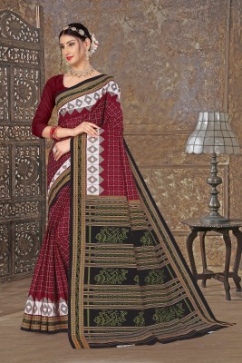 ETHNIC ODISHA HANDLOOM Printed, Digital Print Sambalpuri Pure Cotton Saree(Maroon)