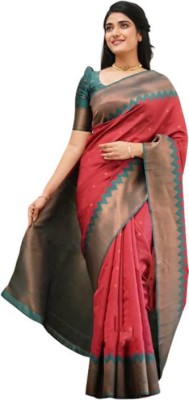 U CREATION Printed Kanjivaram Silk Blend Saree(Red)