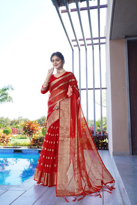KOTHARI BS Solid/Plain Bandhani Organza Saree(Red)