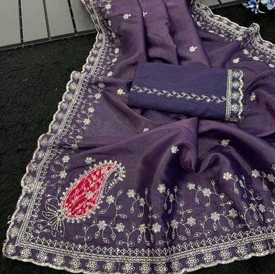 LAJEELEE Embroidered Bollywood Jimmy choo Saree(Purple)