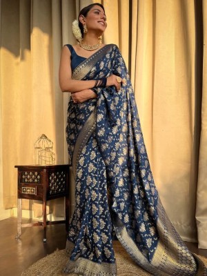 YASHIKA Self Design Kanjivaram Silk Blend Saree(Blue)