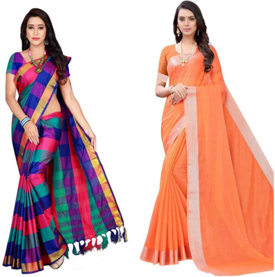 Rofolav Checkered, Solid/Plain, Printed Daily Wear Cotton Silk Saree(Pack of 2, Blue, Pink, Orange)