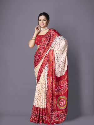 A V M PRINTS Printed Bandhani Art Silk Saree(Cream)