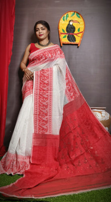 RD CREATION Woven Jamdani Cotton Silk Saree(White, Red)