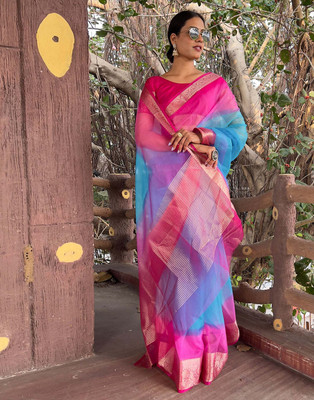 KOTHARI BS Solid/Plain Bandhani Organza Saree(Light Blue)
