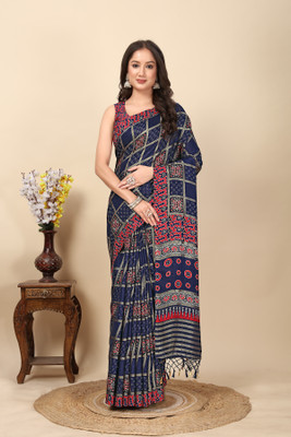 J6 Designers Printed Patola Silk Blend Saree(Blue)