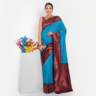 KH Enterprise Self Design Banarasi Silk Blend, Polyester Saree(Light Blue)