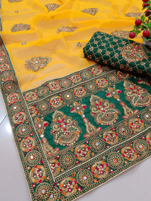 Anjani Textile Embroidered Bollywood Silk Blend Saree(Yellow)