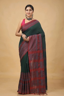 Oishani Saree Ghor Self Design Handloom Cotton Blend Saree(Green, Red)