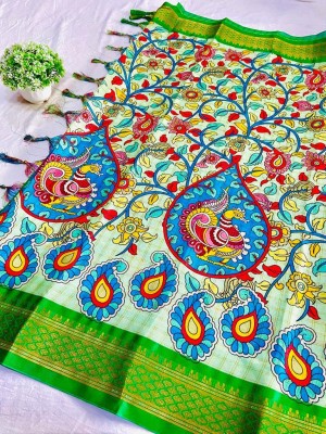 SMARTLOOKS Digital Print, Solid/Plain Kalamkari Cotton Blend Saree(Green)