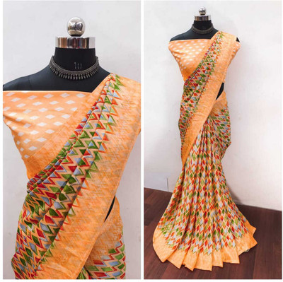 jihana fab Printed Banarasi Chiffon Saree(Yellow)