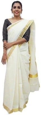 Kavz Self Design Kasavu Pure Cotton Saree(White)