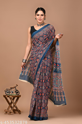 SITA MAHALAKSHMI FASHION Printed Ikkat Cotton Blend Saree(Blue)
