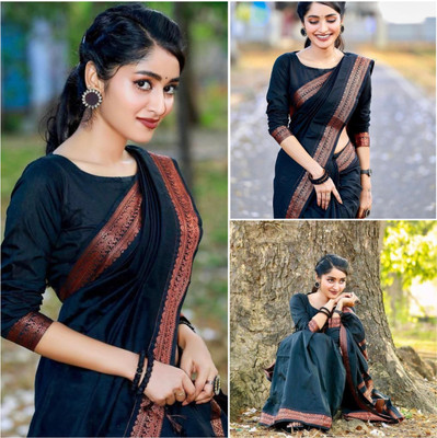 KHANJAN FASHION Geometric Print, Graphic Print, Woven Kanjivaram Silk Blend, Jacquard Saree(Black)