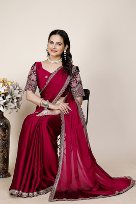 SAADHYA CREATION Embroidered, Solid/Plain Bollywood Chiffon Saree(Maroon)