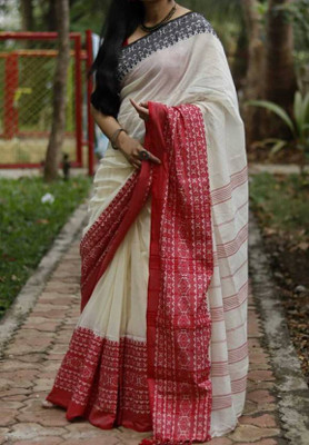 Joyguru Textile Self Design Handloom Pure Cotton Saree(White)