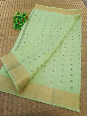 Happy Creation Printed Tant Handloom Cotton Blend Saree(Green)