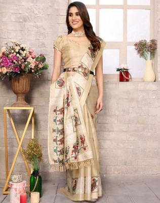 YASHIKA Printed Hand Batik Art Silk Saree(Brown)