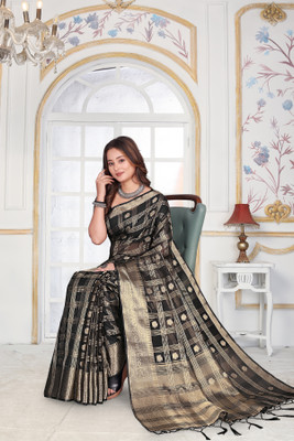 Aarunika IC Solid/Plain Bollywood Organza Saree(Black, Gold)