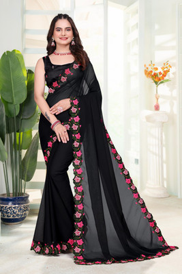 SmartSolve Solid/Plain Daily Wear Georgette Saree(Black)
