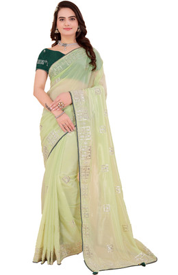 DESI Butik Embroidered Bollywood Cotton Blend Saree(Green)