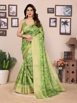 Moda Rapido Printed Bollywood Cotton Blend Saree(Green)