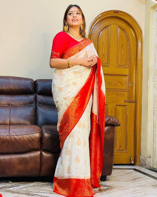 WOMENELEGENCE Embellished Banarasi Pure Silk Saree(White)