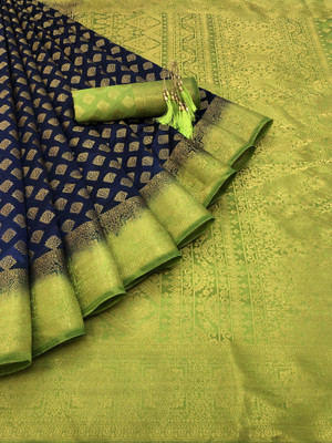 GajGajra Printed Arani Pattu Cotton Silk Saree(Dark Blue, Green)