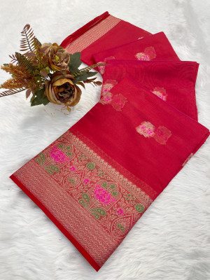 RS Creations Woven, Floral Print, Embroidered, Self Design Ikkat Art Silk Saree(Pink)