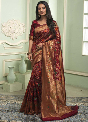 Dhruvil Impex Self Design Banarasi Pure Silk Saree(Maroon)