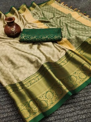 KanjiQueen Woven Kanjivaram Cotton Silk, Silk Blend Saree(Beige, Green)