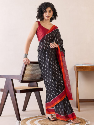 Tasrika Printed Pre Draped Saree Cotton Blend Saree(Black)