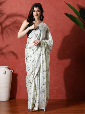 Sangria Printed Saree with Attached Blouse Satin Saree(Green)