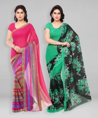 kashvi sarees Printed Daily Wear Georgette Saree(Pack of 2, Green, Pink, Black)